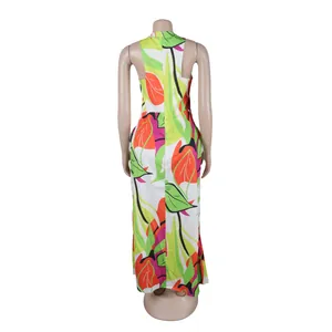 Detailed back view of a vibrant sleeveless tropical floral print slim maxi dress.