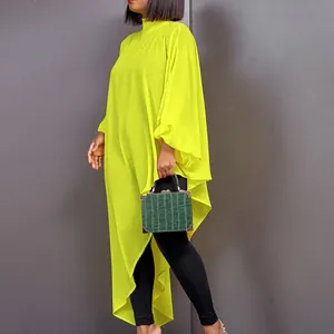 Elegant neon yellow chiffon asymmetrical oversized dress for women