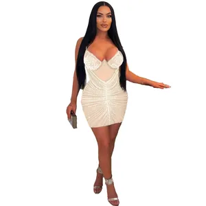 Vestido ajustado sexy para discoteca con brillantes patrones de pedrería y tirantes