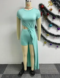 Sexy mint green two-piece set featuring a cut-out top and a stylish high-split skirt detail