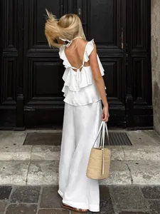 Ensemble deux pièces élégant en coton lin blanc avec haut à volants et pantalon large