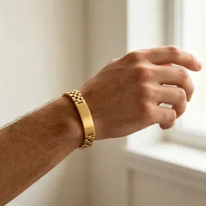Gold stainless steel jubilee link bracelet for men with engravable blank plate