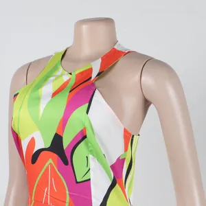 Close-up detail of the vibrant abstract floral print and halter neckline on this slim fit dress