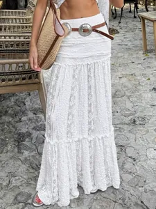 Elegant French Bohemian white lace maxi A-line skirt with a chic smocked waist design