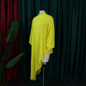 Neon yellow asymmetrical chiffon dress featuring a loose silhouette and high neck.