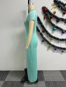 Side view of a mint green tight-fitting short-sleeve stretch maxi dress on a mannequin.