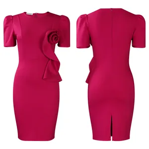Front and back view of fuchsia bodycon dress with elegant 3D floral ruffle detail.