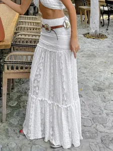 Elegant French Bohemian white lace tiered maxi skirt with floor-length A-line silhouette