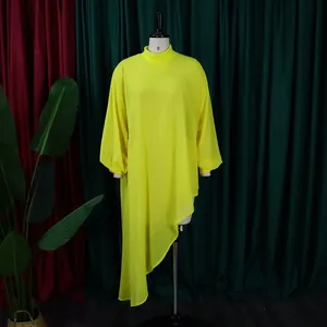 Elegant bright yellow plus size chiffon dress with asymmetrical hem and long sleeves