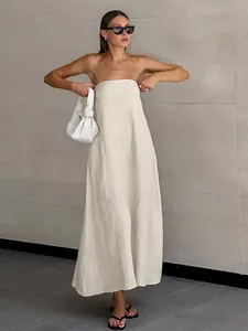 Damen Sommer Bandeau Baumwolle Leinen Kleid Westlich Sexy Trägerlos A-Linie Maxi Urlaub Freizeit Einfarbig Sonnenkleid