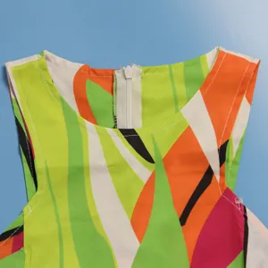 Detailed view of the neckline and zipper on a vibrant geometric print sleeveless dress