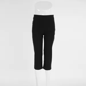 Front view of sleek black high-waisted cropped yoga leggings displayed on a white mannequin