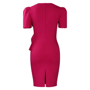 Detailed back view of an elegant fuchsia short sleeve bodycon dress with ruffles