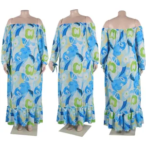 Three views of a floral off-shoulder maxi dress with long sleeves and ruffle hem
