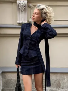 Women Striped Halter Neck Blazer Mini Skirt Two Piece Set Slim Fit Office Lady Navy Blue Polyester Autumn Outfit