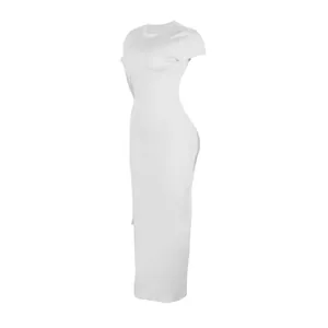 Side view of white elastic bodycon maxi dress showing sleek silhouette and fit