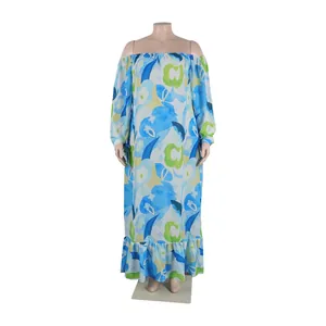 Detailed view of an off-the-shoulder floral print maxi dress with long sleeves on mannequin.