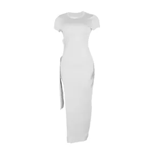 Elegant white tight-fitting midi dress featuring sexy cut-out sides and a high side slit