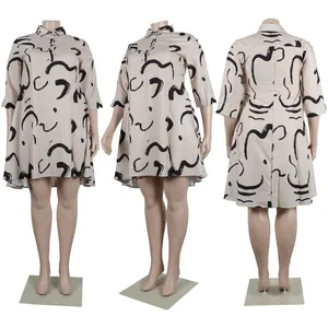 Detailed front, side and back views of a beige plus size dress with black abstract print