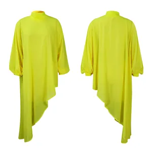 Detailed view of neon green chiffon dress featuring irregular asymmetrical hem and loose fit