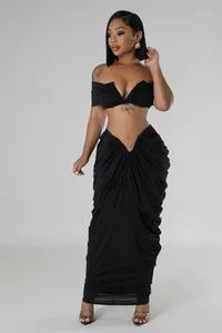 Sexy black off-the-shoulder two-piece set with ruched maxi skirt details