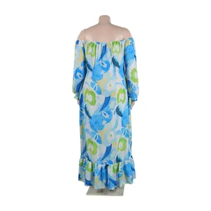 Back view of a blue and green floral off-shoulder maxi dress with ruffled hem