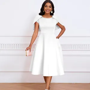 Elegant white midi dress with unique cape shoulders for formal party and banquet.