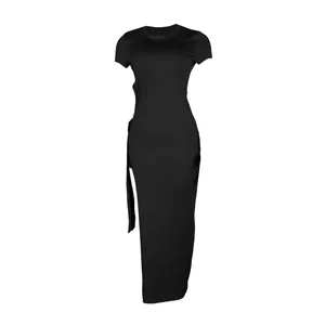 Detailed view of black bodycon maxi dress featuring a high side slit and waist tie details.