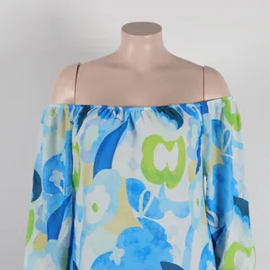 Sexy off-the-shoulder floral print dress featuring elegant blue and green motifs