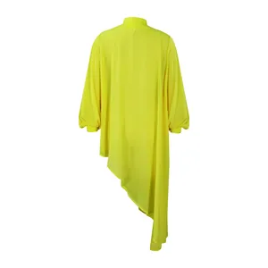 Rear view of a vibrant yellow loose-fitting asymmetric chiffon dress with billowy sleeves