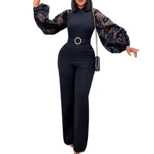 Elegant black wide-leg jumpsuit with floral mesh lantern sleeves and matching belt