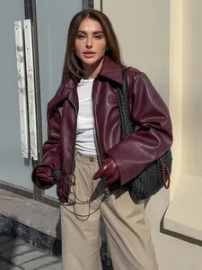 Veste de motard vintage en similicuir mat bordeaux pour femme, manteau chic d'automne