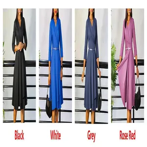 Elegant V-neck high-waist A-line long-sleeved dresses in four different colors.