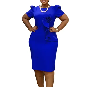 Elegant cobalt blue bodycon dress featuring a ruffle flower detail and puff sleeves
