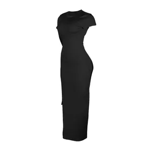 Sexy black bodycon maxi dress with side slit and lace-up cutout detail for women