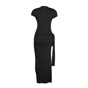 Detailed back view of a sexy black bodycon dress with high side slit and tie detail.