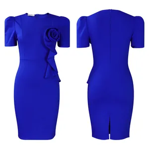 Elegant royal blue bodycon midi dress featuring 3D rose ruffle detail and puffed sleeves