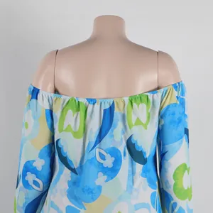 Back detail of a sexy floral print off-the-shoulder slim-fit dress for women