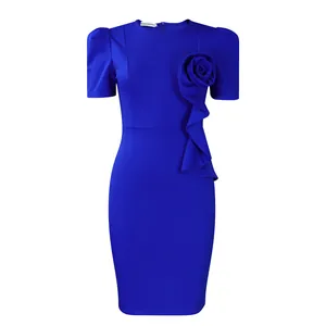 Elegant cobalt blue bodycon short sleeve dress featuring a stylish 3D ruffle flower detail