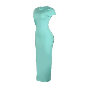 Side view of a slim fit light teal short sleeve bodycon maxi dress on mannequin