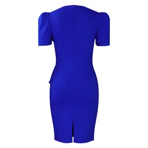 Detailed back view of elegant royal blue bodycon dress featuring puff sleeves and slit hem