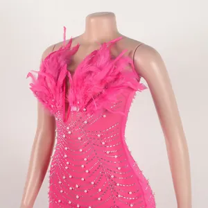 Detail eines rosa figurbetonten Kleides mit Straußenfedern und Perlenstickereien