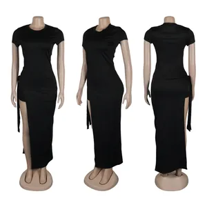 Detailed three-view display of a black bodycon slit dress with matching shorts set