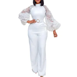 Elegant white jumpsuit featuring sheer lace lantern sleeves and a waist belt detail