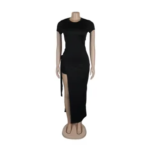 Sexy black two-piece bodycon midi dress featuring high slit and lace-up side design