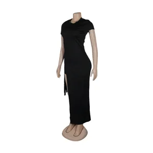 Side view of a black bodycon maxi dress featuring a high side slit on a mannequin