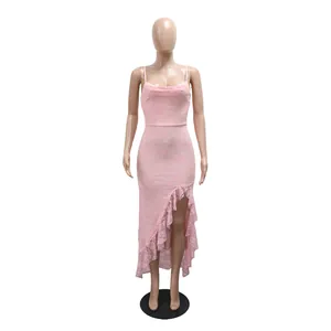Pink floral lace spaghetti strap maxi dress with ruffled asymmetrical slit