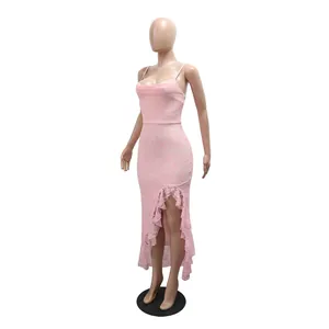 Detailed side view of pink lace sleeveless dress with ruffle hem and high side slit