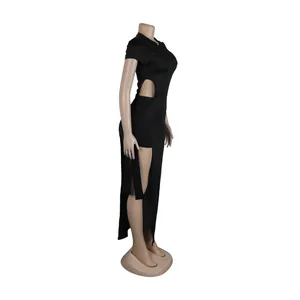 Side view of black sexy hollow-out two-piece midi dress set with high slit