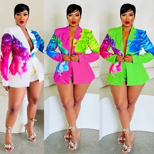 Women Sexy Floral Print Blazer And Shorts Set Long Sleeve Lapel Suit Top And Bottom Two Piece Outfits For Office Commute Party